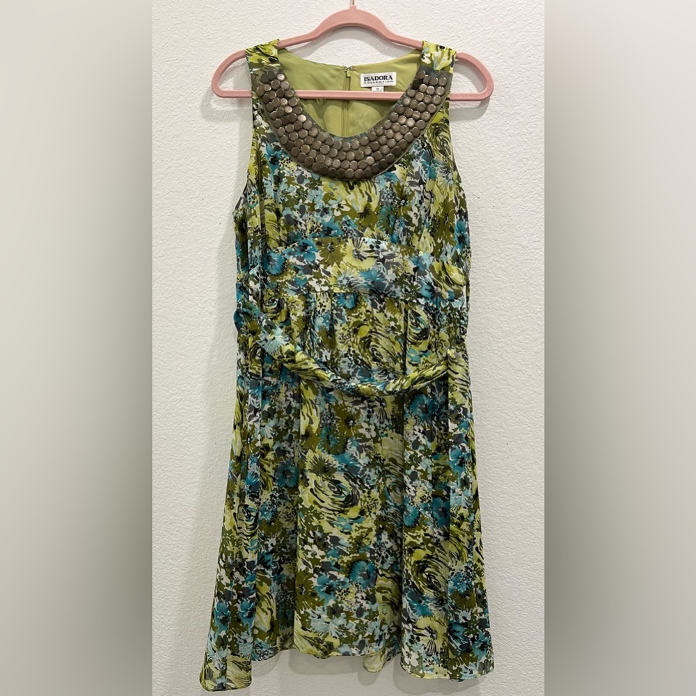 Green blue and white‎ Isadora sleeveless dress with beautiful metal accents 10